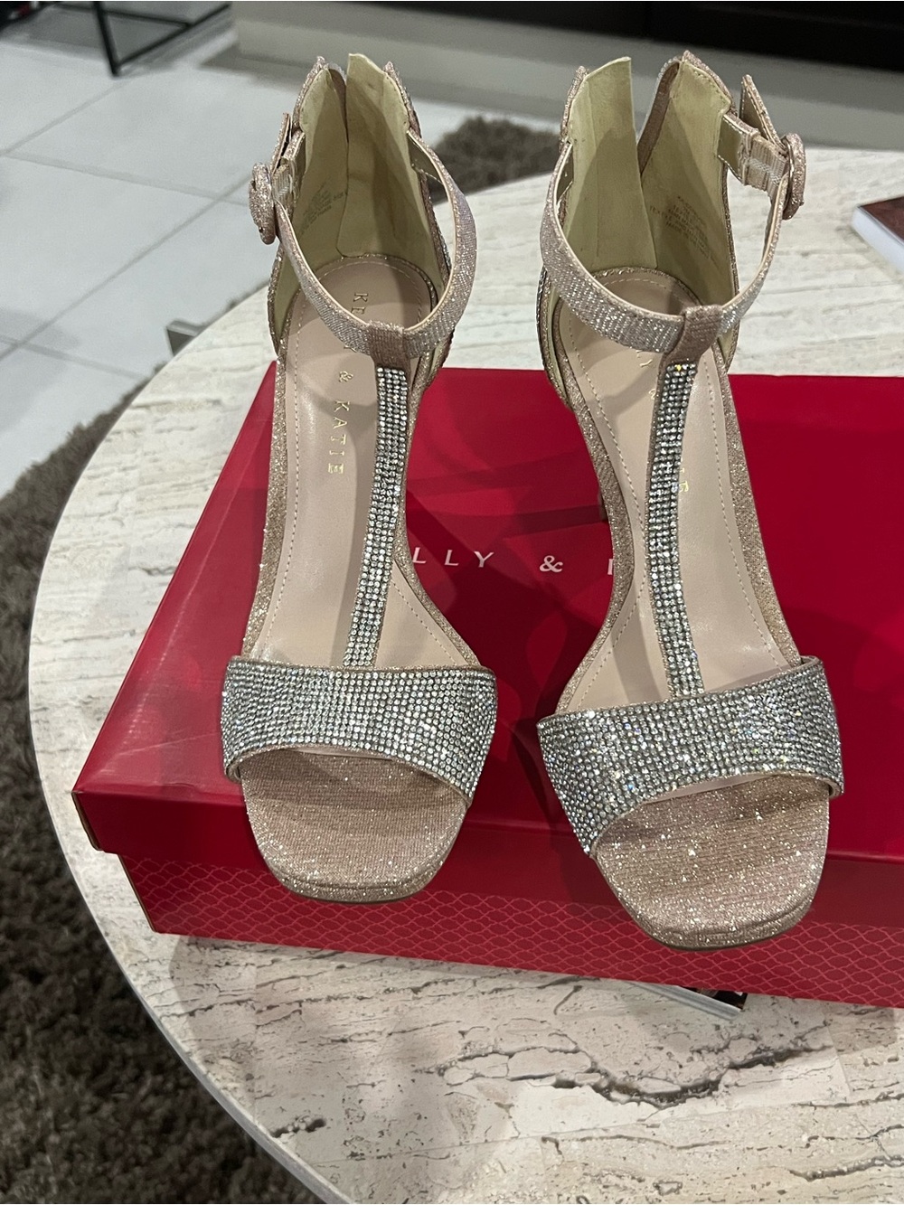 Kelly & Katie Champagne T-Strap Crystal Evening Heels